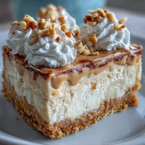 Whole Nutter Butter cheesecake garnished with whipped cream swirls and chopped peanuts, perfect for peanut butter lovers.