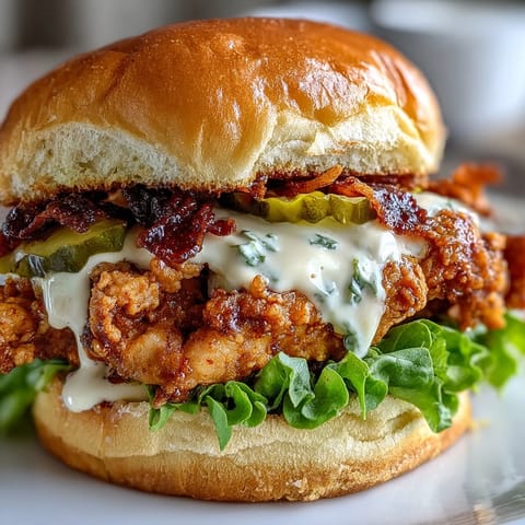 Crispy spicy chicken sandwich on a buttery brioche bun with lettuce and a creamy drizzle.