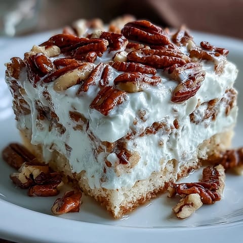 A slice of chilled Butter Pecan Tres Leches Cake drizzled with caramelized brown sugar pecans.