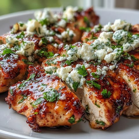 Tender Greek Chicken with Lemon and Feta plated on white ceramic with vibrant parsley garnish.
