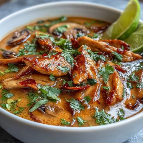 Tender chicken, mushrooms, and bright carrots swim in creamy coconut red curry broth for a comforting Thai-inspired dinner.