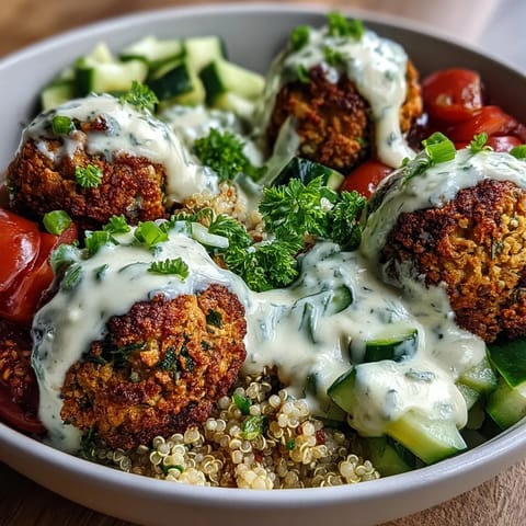 Creamy garlic tahini sauce drizzles over fresh veggies in this nutritious Falafel Quinoa Salad Bowl, perfect for a healthy vegetarian dinner.