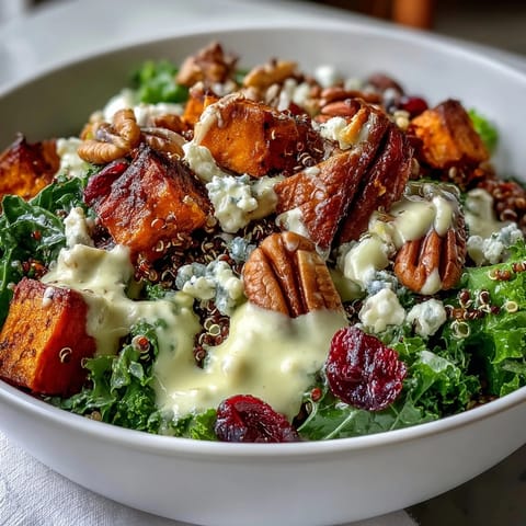 Close-up of a vibrant Harvest Kale Quinoa Bowl topped with roasted sweet potatoes, blue cheese, and toasted pecans. 