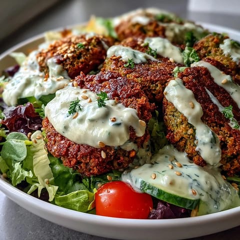 Golden falafel nestled on hummus and tzatziki with crisp cherry tomatoes, cucumbers, and fresh parsley for a wholesome Mediterranean-inspired bowl.