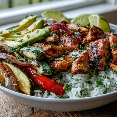 Sheet pan fajita bowl with roasted chicken, vibrant bell peppers, and onions over fluffy cauliflower rice for a healthy dinner.