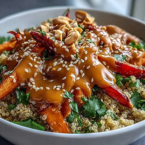 Creamy coconut quinoa bowl topped with crisp red bell peppers, carrots, and a drizzle of peanut dressing.