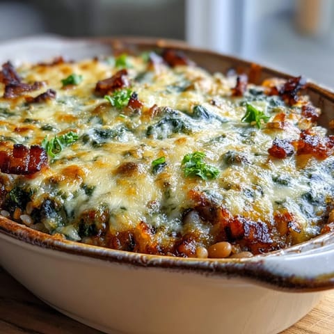 Fork-ready Tex Mex Black Eyed Pea Casserole reveals tender spinach, smoky bacon, and fluffy rice in a rustic dish.