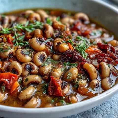Spoonful of Greek-Style Slow Cooker Black-Eyed Peas, garnished with parsley and feta, served with lemon wedges and crusty bread.