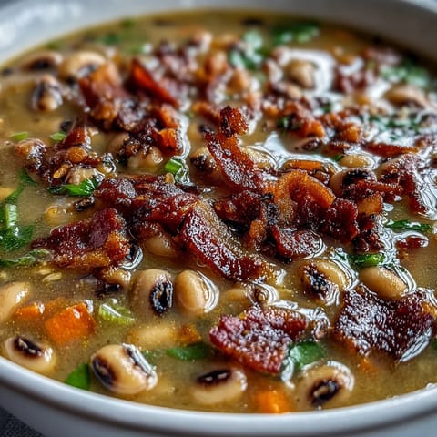 Black-Eyed Peas and Bacon Soup steaming in a rustic bowl with a sprig of fresh parsley garnish.