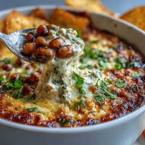 Freshly baked Hot Black-Eyed Pea Dip with Jalapeño and Cumin sits bubbly and golden in a dish, garnished with cilantro and ready for tortilla chips.