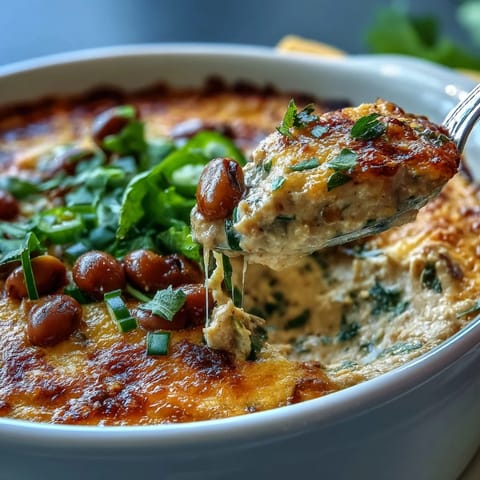 Spoonful of creamy Hot Black-Eyed Pea Dip with Jalapeño and Cumin lifted from a baking dish, showcasing the hearty texture and flecks of red bell pepper.