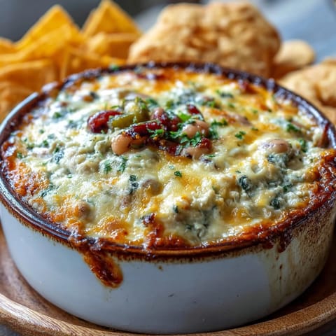 Hot Black-Eyed Pea Dip baked golden and bubbly, served warm with crunchy tortilla chips for dipping.