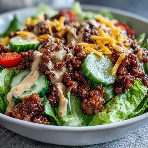 A close-up of High-Protein Cheeseburger Bowls shows juicy ground beef, shredded cheddar, fresh tomatoes, and sliced pickles on a bed of greens.