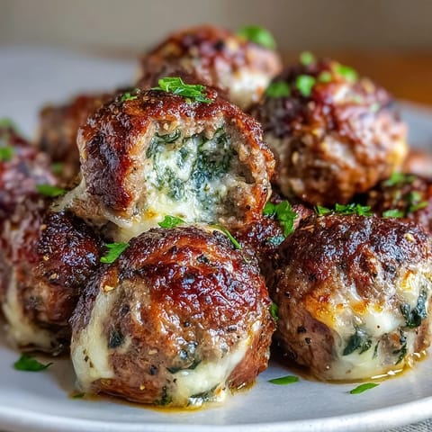 Spinach Garlic Meatballs resting on a baking sheet, showing tender texture and green spinach flecks with golden-brown sear.