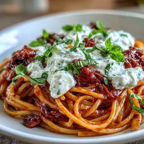 Creamy Red Pepper Pasta with Burrata & Herbs plated, garnished with fresh basil, perfect for a vegetarian dinner.
