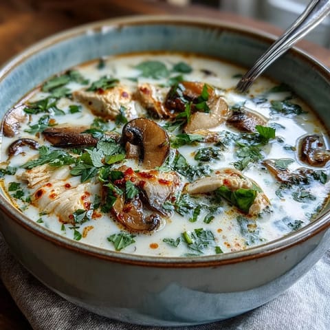 Steamy bowl of Tom Kha soup featuring chicken, mushrooms, and aromatic Thai herbs, ready to serve.