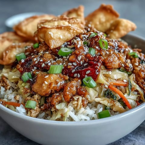 A hearty serving of Crispy Baked Egg Roll Chicken Bowls with savory ground chicken, crunchy cabbage, and a drizzle of chili sauce.