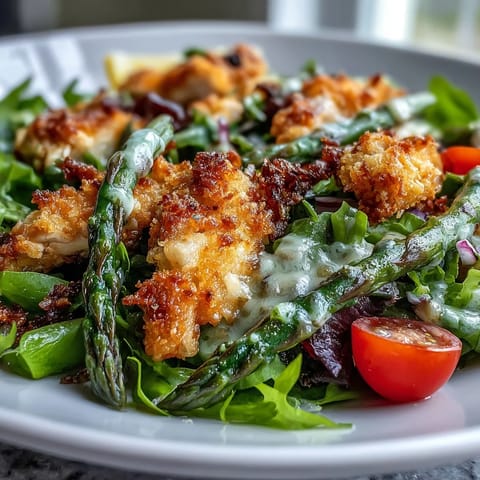A close-up of Crispy Parmesan Asparagus Chicken Salad shows crispy asparagus, tender chicken, and cherry tomatoes topped with shaved Parmesan.