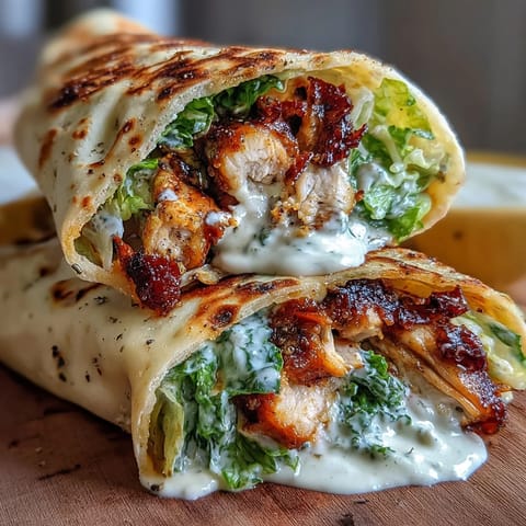 Golden-brown garlic naan wraps filled with sliced grilled chicken, crisp romaine, and creamy Caesar dressing, topped with shaved Parmesan. 