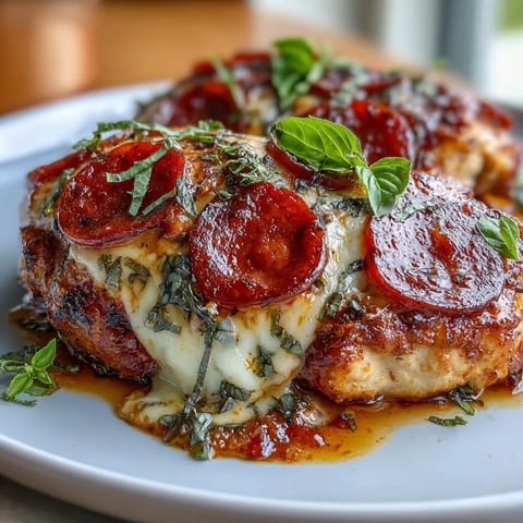 Sliced Keto Pepperoni Pizza Chicken Bake is served hot, revealing tender chicken and marinara, ideal with a crisp green salad.