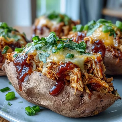 Baked honey BBQ chicken stuffed sweet potatoes topped with gooey cheese and cilantro on a rustic wooden table.