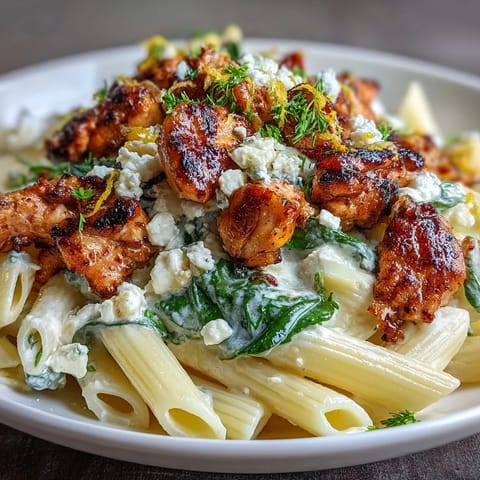 Golden penne pasta with sautéed chicken and crumbled feta, served warm in a cast-iron skillet for an easy weeknight dinner.