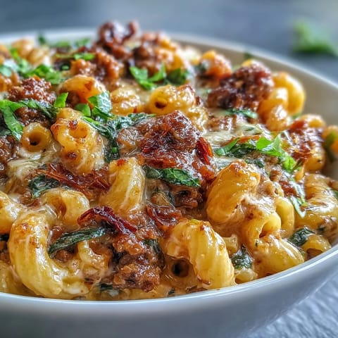 Spoonful of Creamy Tuscan Chili Mac in a rustic bowl, garnished with extra Parmesan and sun-dried tomato pieces.