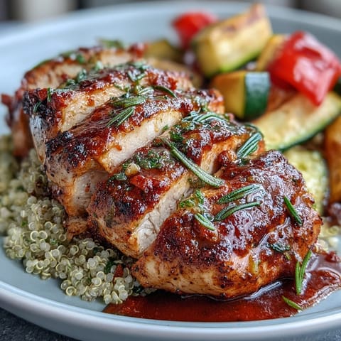 Golden seared paprika herb chicken slices served with colorful roasted peppers, zucchini, and fluffy quinoa.  