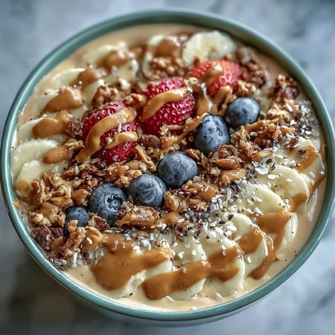 A thick, creamy vegan smoothie bowl with peanut butter and banana, topped with fresh berries and crunchy granola.