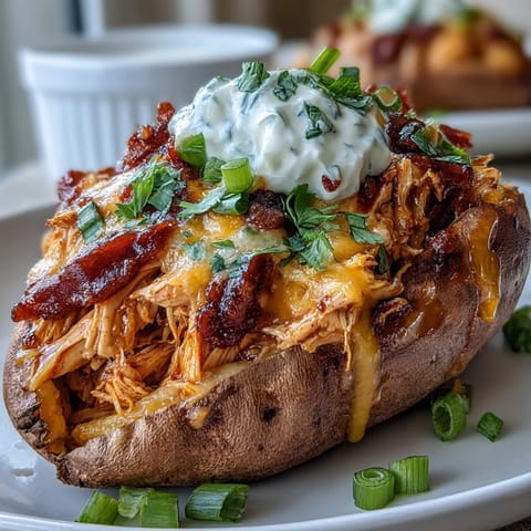 Tender baked sweet potatoes loaded with juicy honey BBQ chicken, topped with creamy sour cream and green onions.  