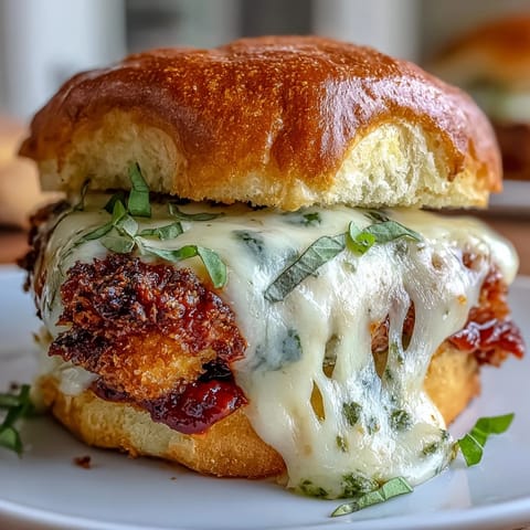 Delicious pesto chicken Parmesan sliders baked with marinara and mozzarella on mini brioche buns for a crowd-pleasing appetizer.