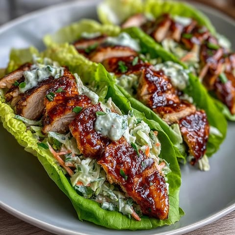 High-Protein BBQ Chicken Lettuce Wraps with Slaw - tender grilled chicken coated in smoky BBQ sauce, wrapped in crisp lettuce with a tangy cabbage slaw for a healthy, satisfying meal.