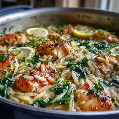 Creamy one-pot lemon garlic chicken and orzo with spinach, served in a skillet with fresh herbs and lemon wedges.  