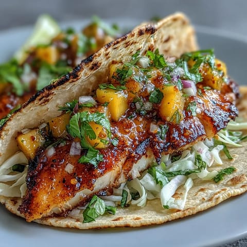 Light and flaky tilapia fillets pan-seared with smoky spices, served in warm corn tortillas and topped with a vibrant, juicy mango salsa.