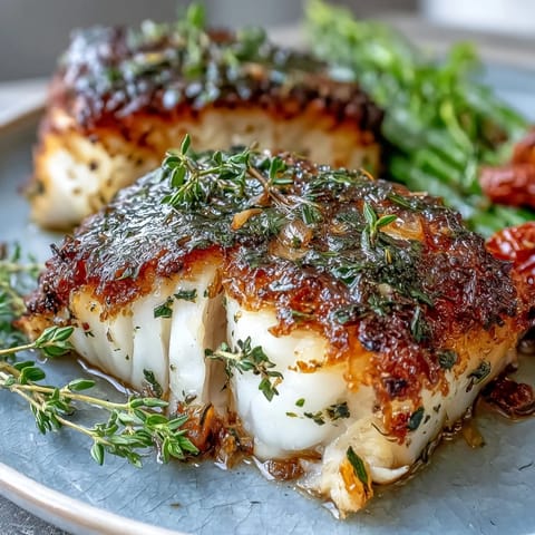 Golden-baked cod fillets seasoned with lemon, garlic, and fresh herbs, served alongside crisp asparagus and juicy cherry tomatoes for a colorful Mediterranean-inspired dinner.  