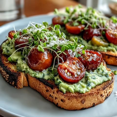 Avocado Pesto Sourdough Toast with Cherry Tomatoes and Microgreens