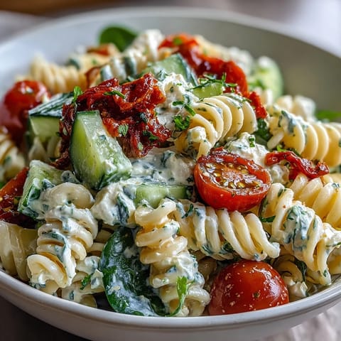 Creamy high protein cottage cheese pasta salad with fresh vegetables, perfect for a light and healthy summer lunch.  