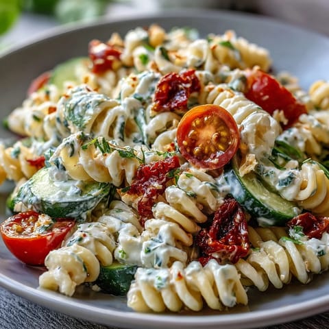 Vibrant pasta salad with cottage cheese, crisp veggies, and Italian dressing for a refreshing high protein meal prep option.  