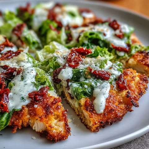Healthy protein-packed chicken crust pizza with romaine lettuce and creamy Caesar dressing.  