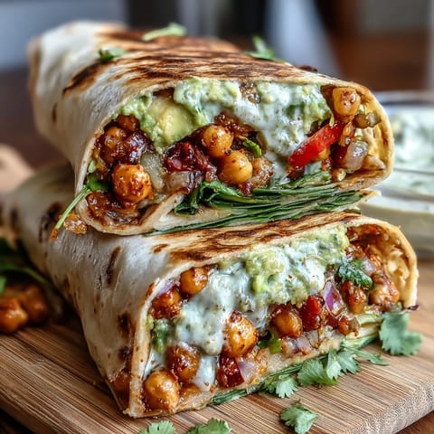 A vibrant spicy chickpea and avocado wrap with creamy filling and crisp vegetables.  