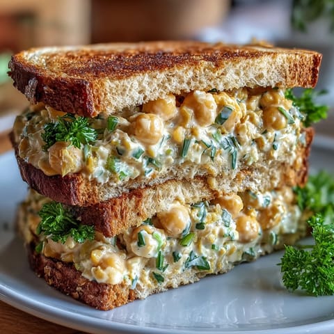 A creamy vegan chickpea salad sandwich with fresh herbs, crunchy celery, and tangy Dijon dressing on soft bread.  