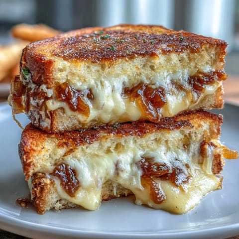 Gourmet sourdough grilled cheese with caramelized onions and Gruyere, golden and melty.