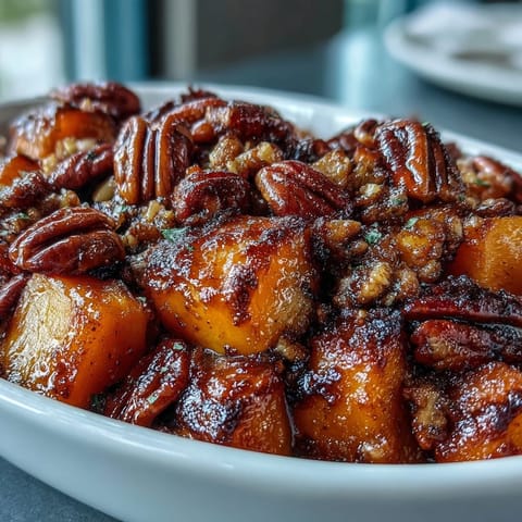 A golden casserole of tender yams bathed in spiced syrup, topped with a buttery pecan streusel and bubbling at the edges.  