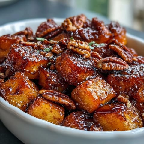 Candied yams with crunchy pecan topping, their glossy surface catching the light and filling the kitchen with warm, sweet spice.  