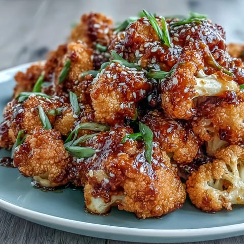 Crispy air fryer General Tso's cauliflower florets coated in a tangy, sweet, and spicy Asian-inspired sauce.  