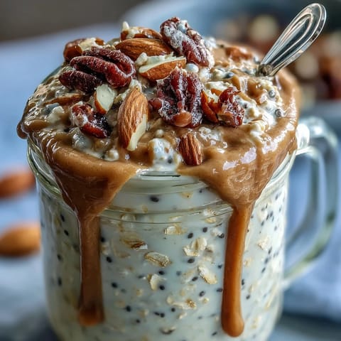 Creamy overnight oats topped with fresh berries and almond butter for a nourishing, no-cook breakfast.