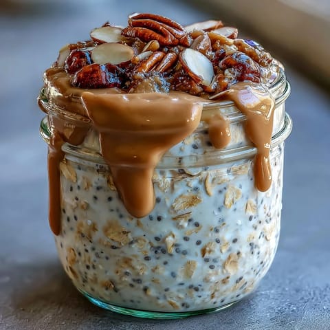 Vibrant berry-topped overnight oats with rich almond butter swirls, ready for a healthy start.