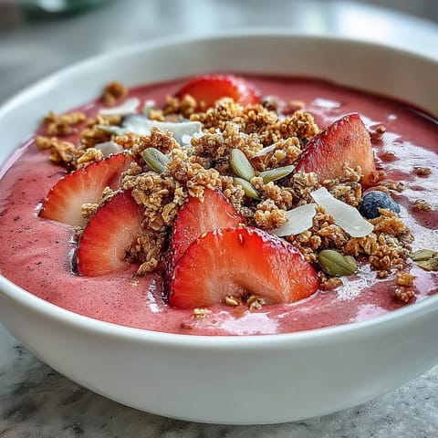 Vibrant Galentines Brunch strawberry smoothie bowl with creamy base, crunchy granola, and fresh berries, perfect for a festive gathering.  