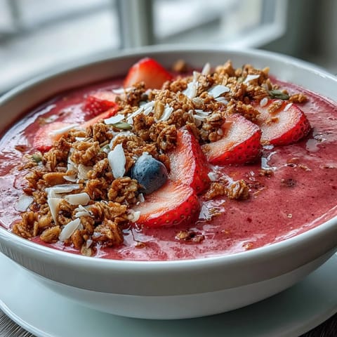 Festive strawberry smoothie bowl with Greek yogurt, granola, and colorful fruit toppings, a refreshing and beautiful Galentines brunch centerpiece.  