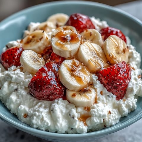 A vibrant cottage cheese fruit bowl topped with fresh strawberries, banana slices, and a drizzle of golden honey.
